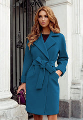 Long Sleeve Woolen Coat with Waist Tie and Pockets in 7 Colors S-XXL