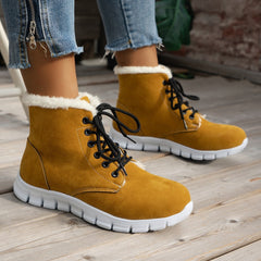 Lace-Up Flat Sole Plush Ankle Boots