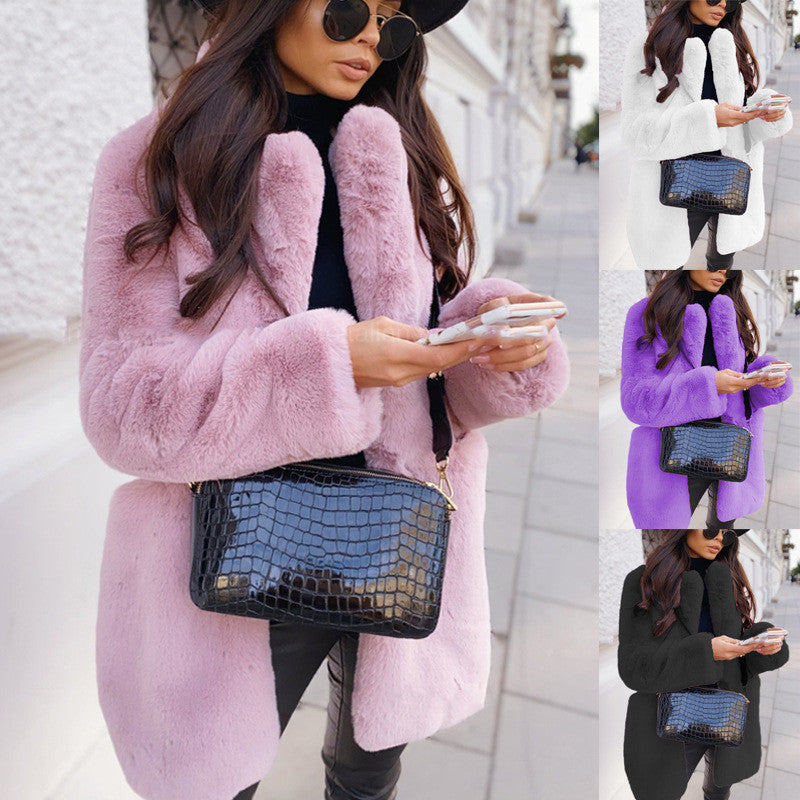 Fake Fur Long Sleeve Open Coat with Lapel in 5 Colors S-5XL