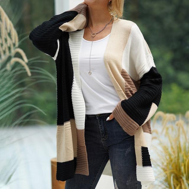 Cardigan en tricot colorblock en 6 couleurs S-XL