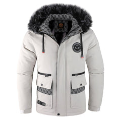 Herrenjacke mit abnehmbarer, pelzgefütterter Kapuze