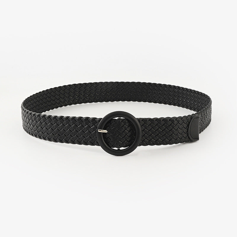 Woven Solid Colour Belt with Round Buckle