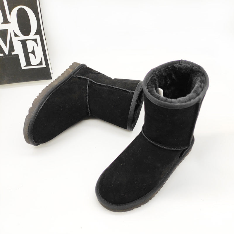 Leather Mid-Calf Flat Heel Snow Boots