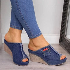 Denim High Heel Wedge Sandals in 2 Colors