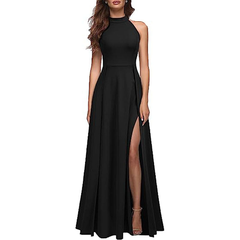 Solid Colour Halter Neck Evening Gown with Leg Slit