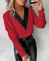 V-Neck Long Sleeve Blouse With Decorative Buttons