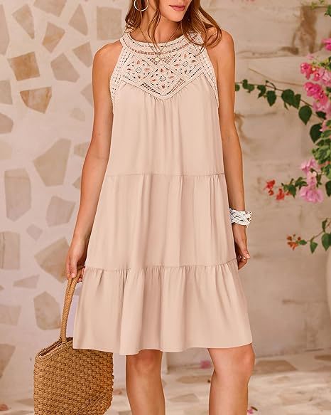 Halterneck Loose Fit Sleeveless Summer Dress with Lace in 8 Colors S-XXL