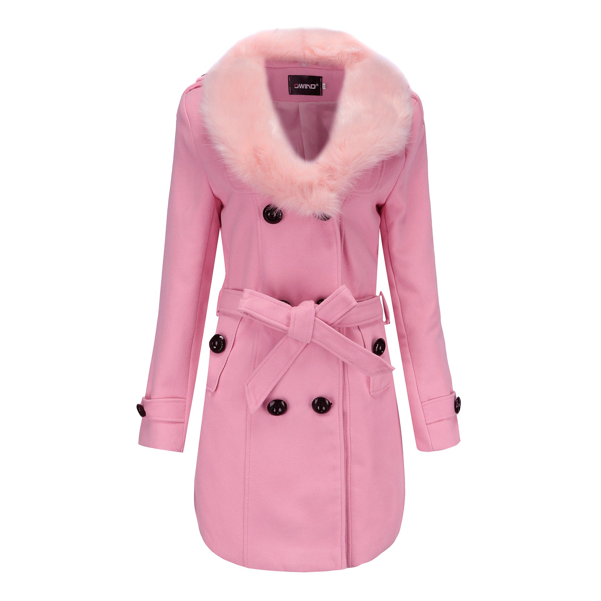Mid Length Wool Coat with Fur Collar and Waist Tie