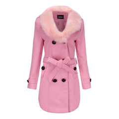 Mid Length Wool Coat with Fur Collar and Waist Tie