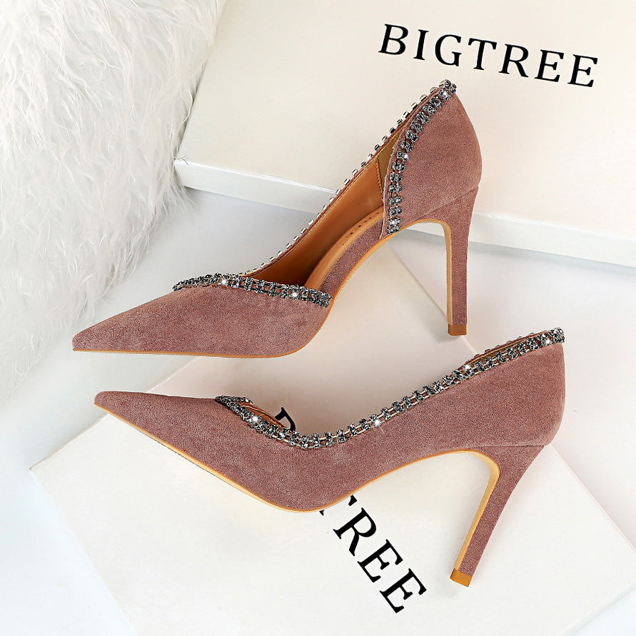 Wildleder High Heels mit spitzer Spitze und Strass in 6 Farben
