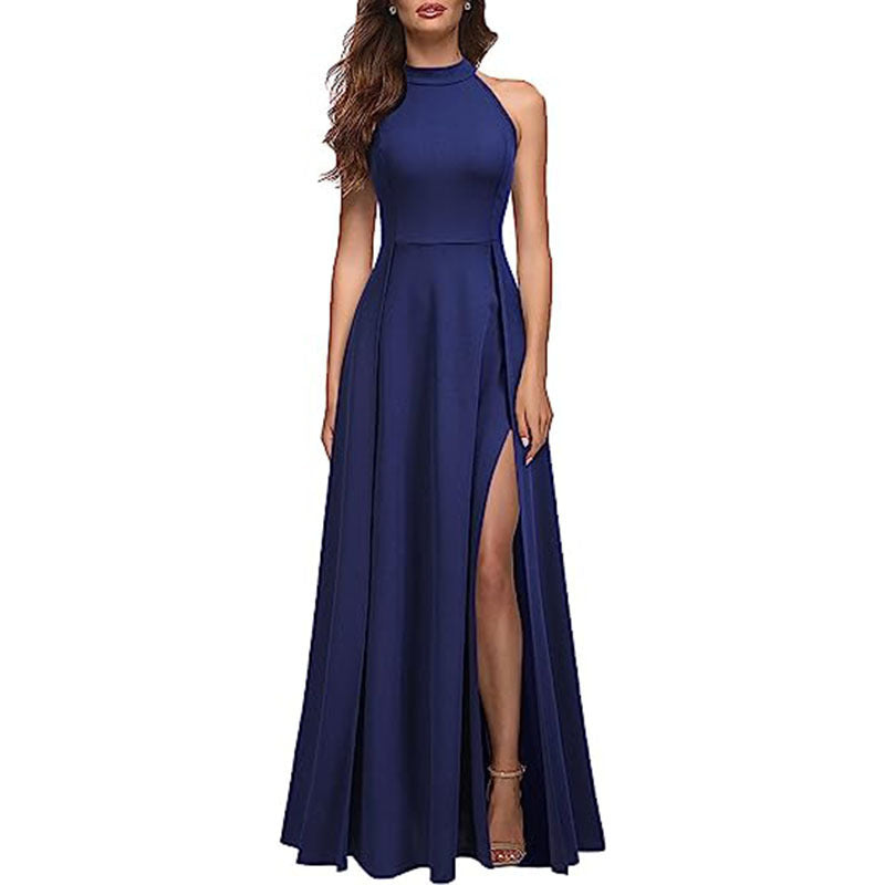 Solid Colour Halter Neck Evening Gown with Leg Slit