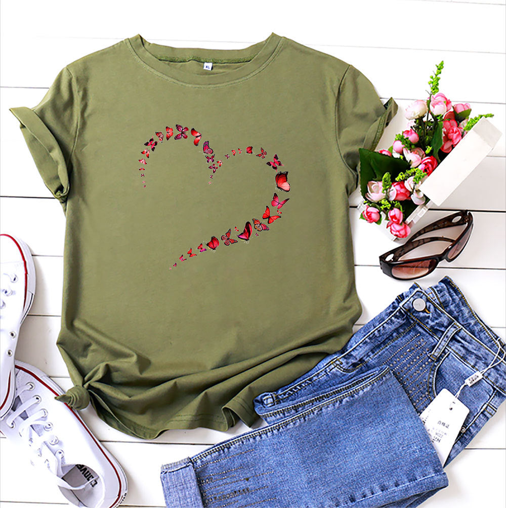 Kurzarm-Top mit Herz-Schmetterling in 12 Farben S-4XL