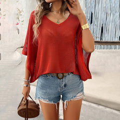 V-Neck Bat Wing Loose Knit Short Sleeve Top