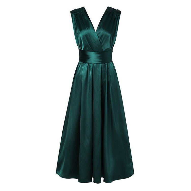 Sleeveless V-Neck  Evening Dress with Waist Tie in 3 Colors XXS-3XL