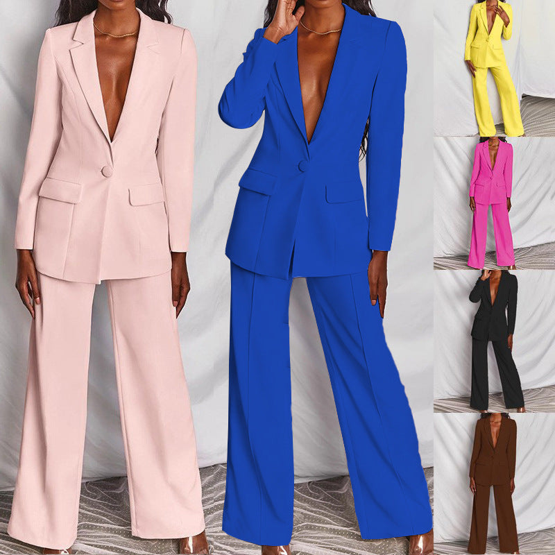 Business Suit with Long Sleeve Jacket and Wide Leg Pants