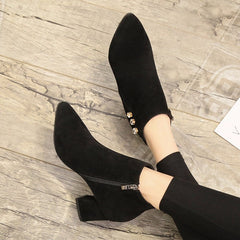 Suede Pointed Toe Thick Heel Martin Boots in 2 Colors