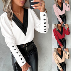 V-Neck Long Sleeve Blouse With Decorative Buttons