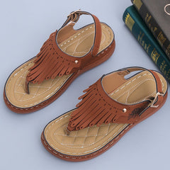 Roman Thong Sandals with Fringe and Ankle Strap