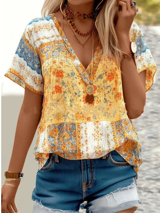 Boho V-Neck Short Sleeve Top