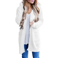 Solid Color Fleece Mid-Length Cardigan