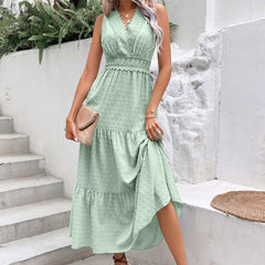 V-Neck Dotted Sleeveless Maxi Dress with Open Back