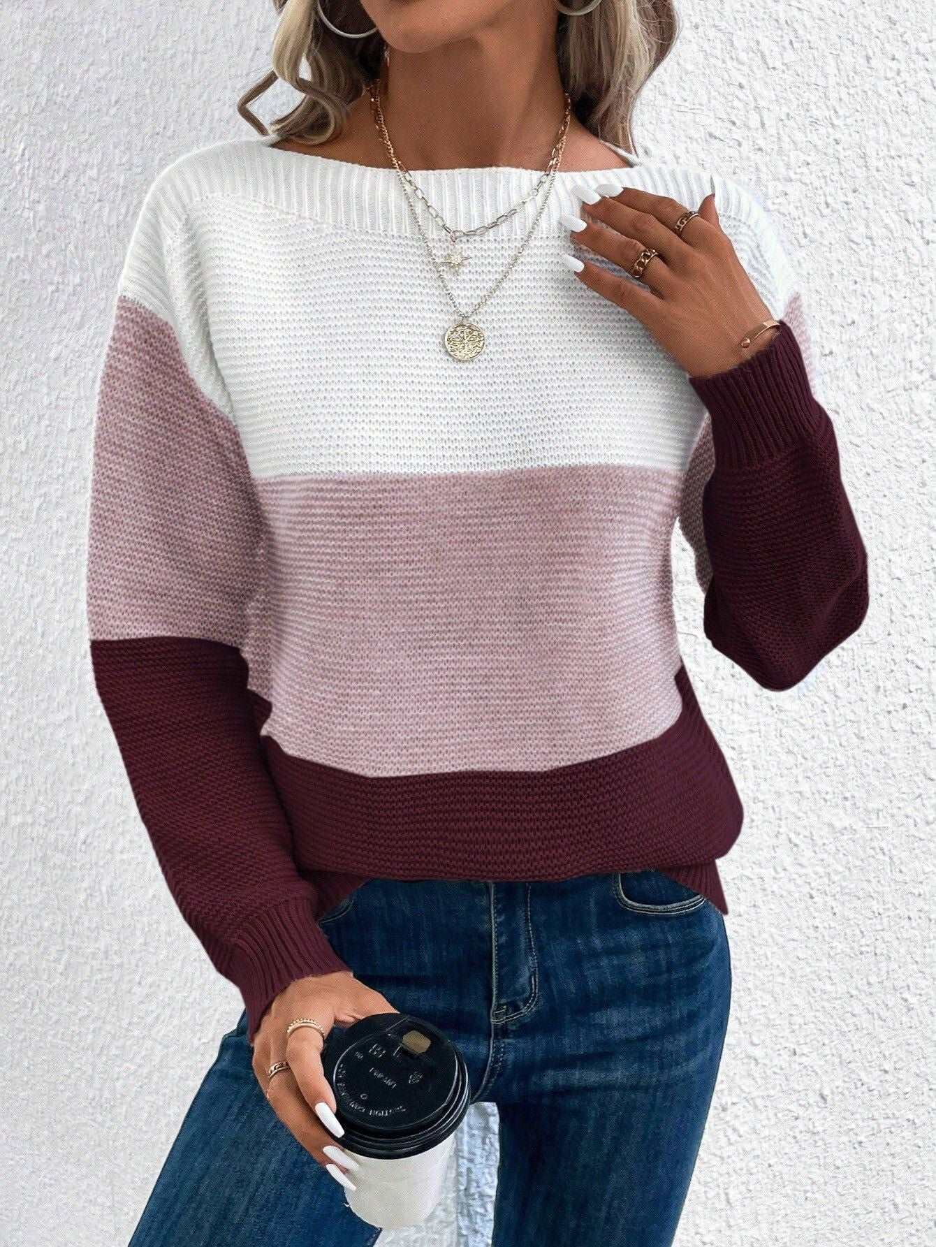 Rundhals-Langarm-Colorblock-Pullover in 8 Farben S-XL