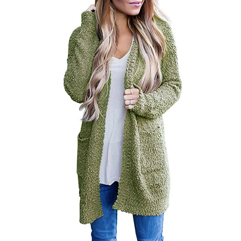 Solid Color Fleece Mid-Length Cardigan