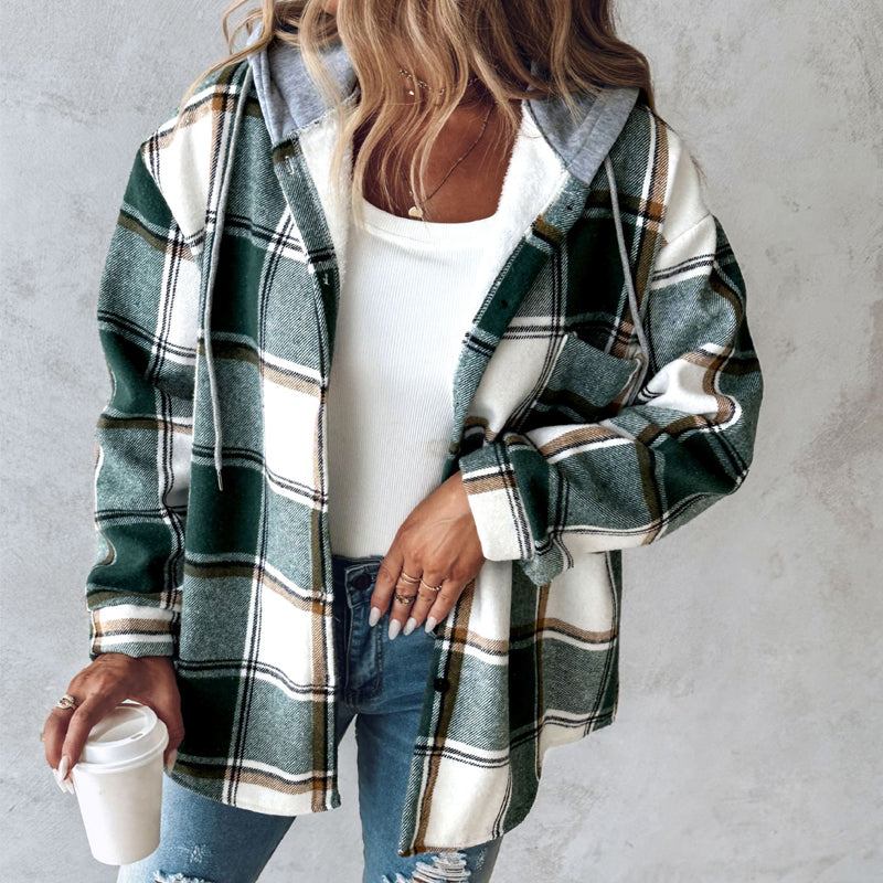 Karierte Langarm-Shacket mit Kapuze in 2 Farben S-XL