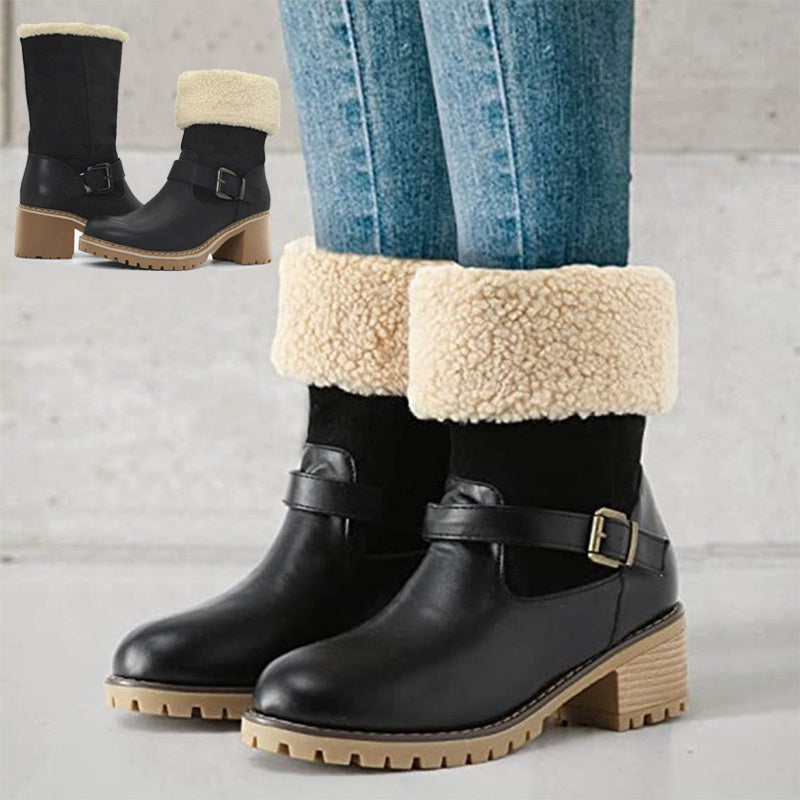 Plush Slip-On Mid-Calf Boots with Chunky Heel and Buckle