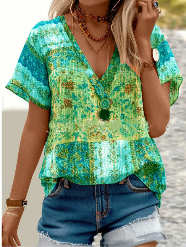 Boho V-Neck Short Sleeve Top