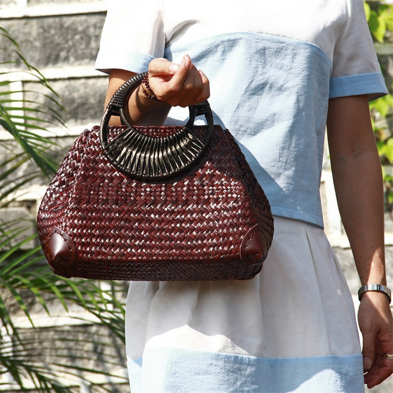 Rattan Straw Hand Bag with Round Wooden Handle in 2 Colors