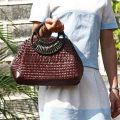Rattan Straw Hand Bag with Round Wooden Handle in 2 Colors