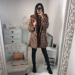 Mid-Length Leopard Print Fake Fur Hooded Coat S-3XL