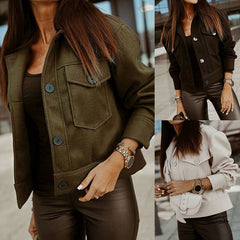 Cropped Woolen Long Sleeve Jacket with Pockets in 3 Colors S-XXL