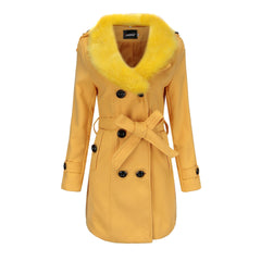 Mid Length Wool Coat with Fur Collar and Waist Tie