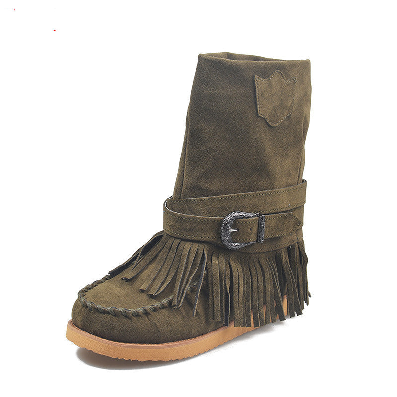 Suede Mid-Calf Moccasin Boots with Tassels
