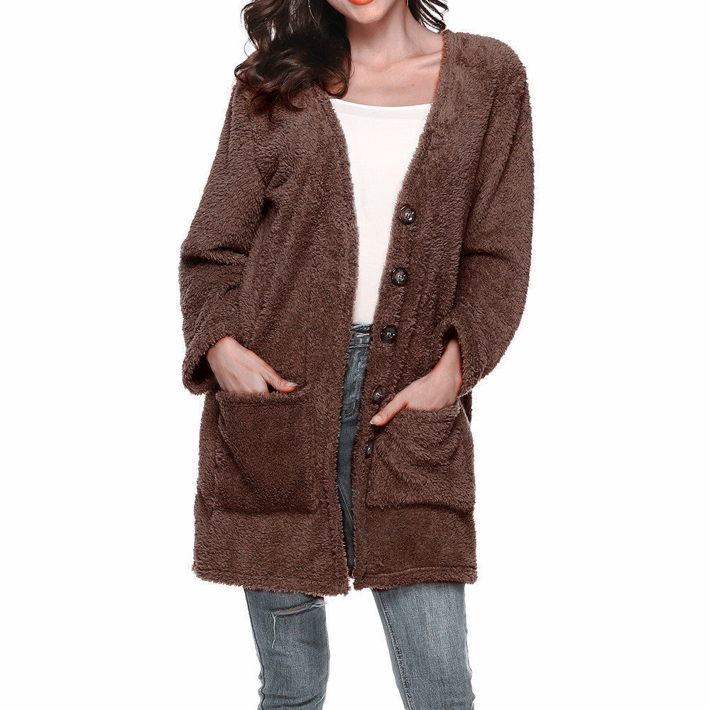 Mittellanger Plüsch-Cardigan mit Taschen in 8 Farben S-5XL