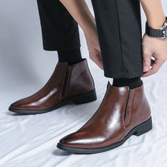Men's Leather Ankle Boots with Pointed Toe and Side Zipper
