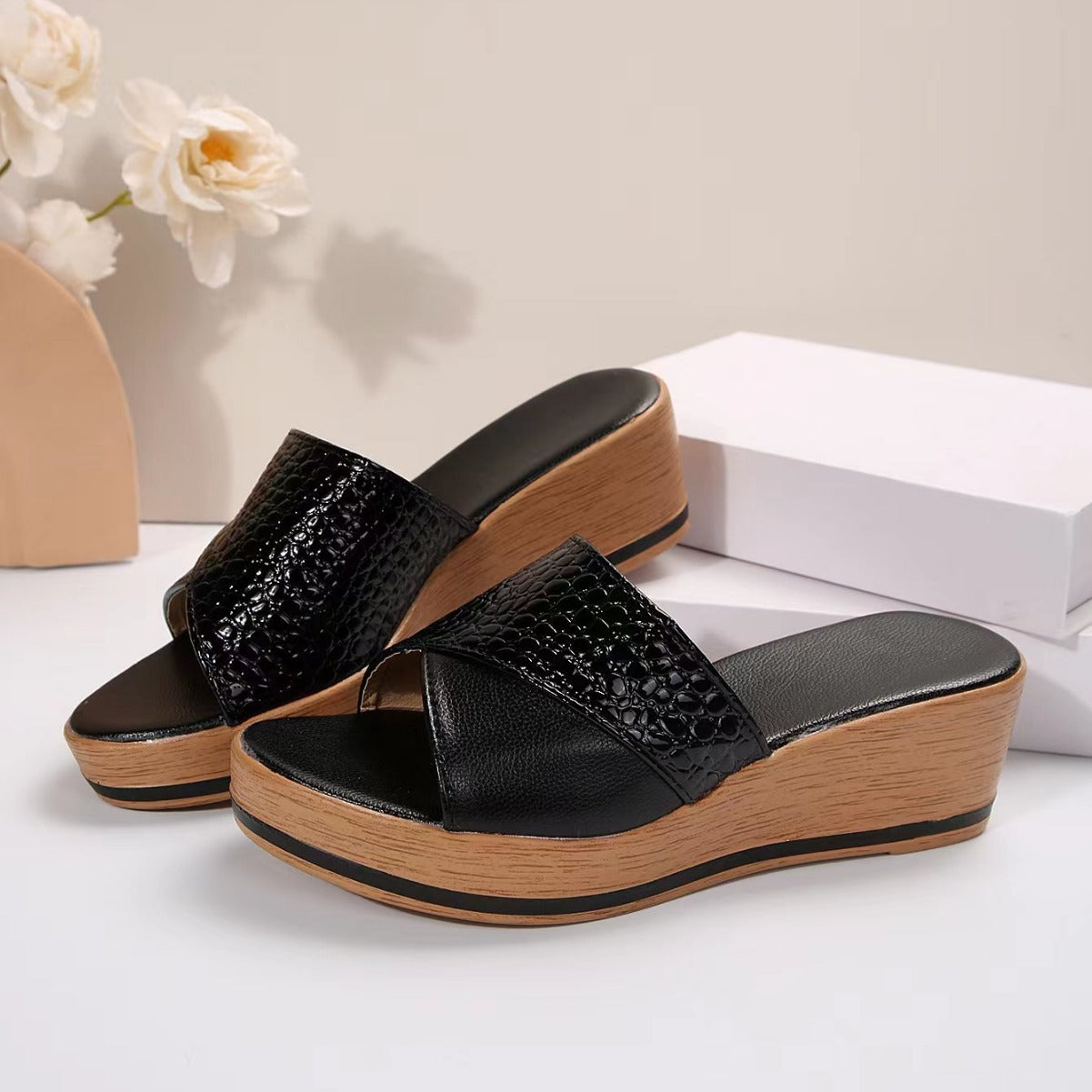 Snake Pattern Thick Sole Wedge Sandals