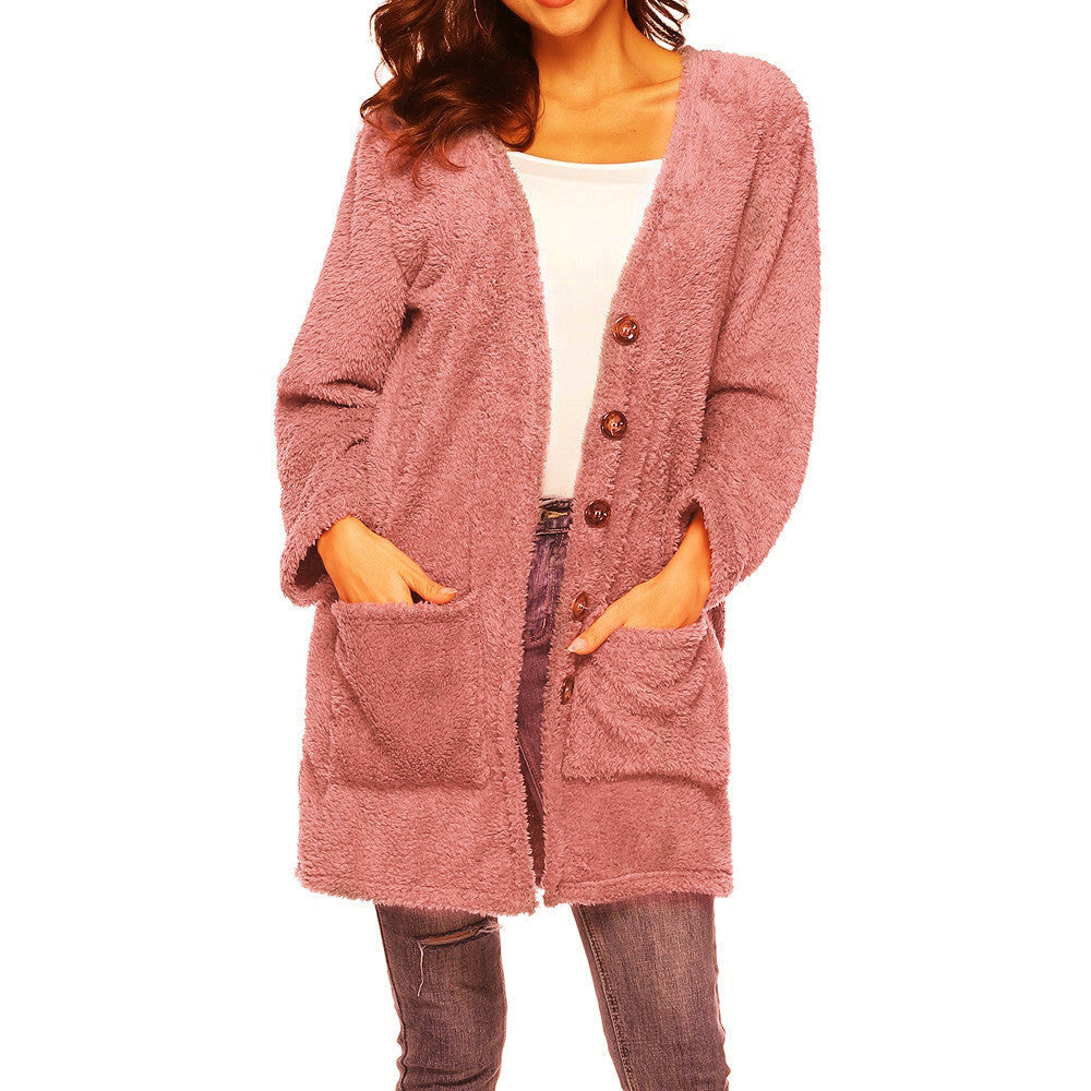 Mittellanger Plüsch-Cardigan mit Taschen in 8 Farben S-5XL