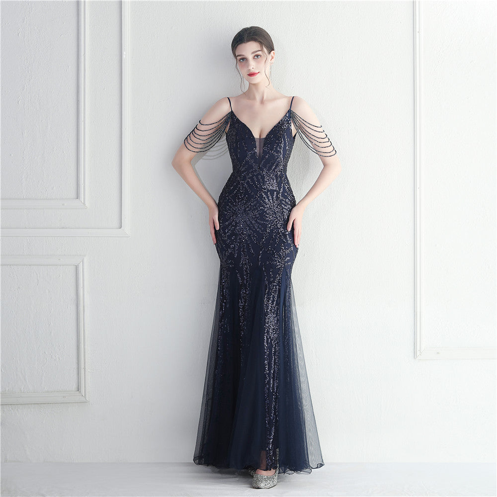 Elegant High Waist Evening Gown with Spaghetti Straps