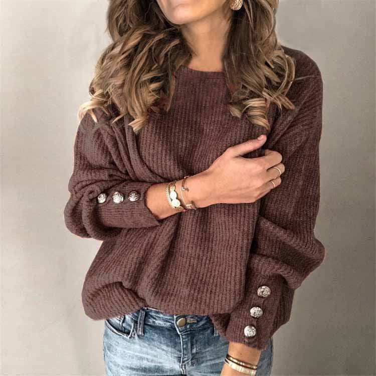 Long Sleeve Round Neck Knit Sweater with Buttons in 9 Colors S-5XL