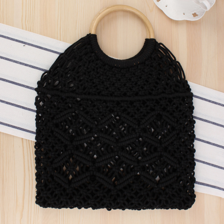 Macrame  Handbag with Wooden Ring Handle