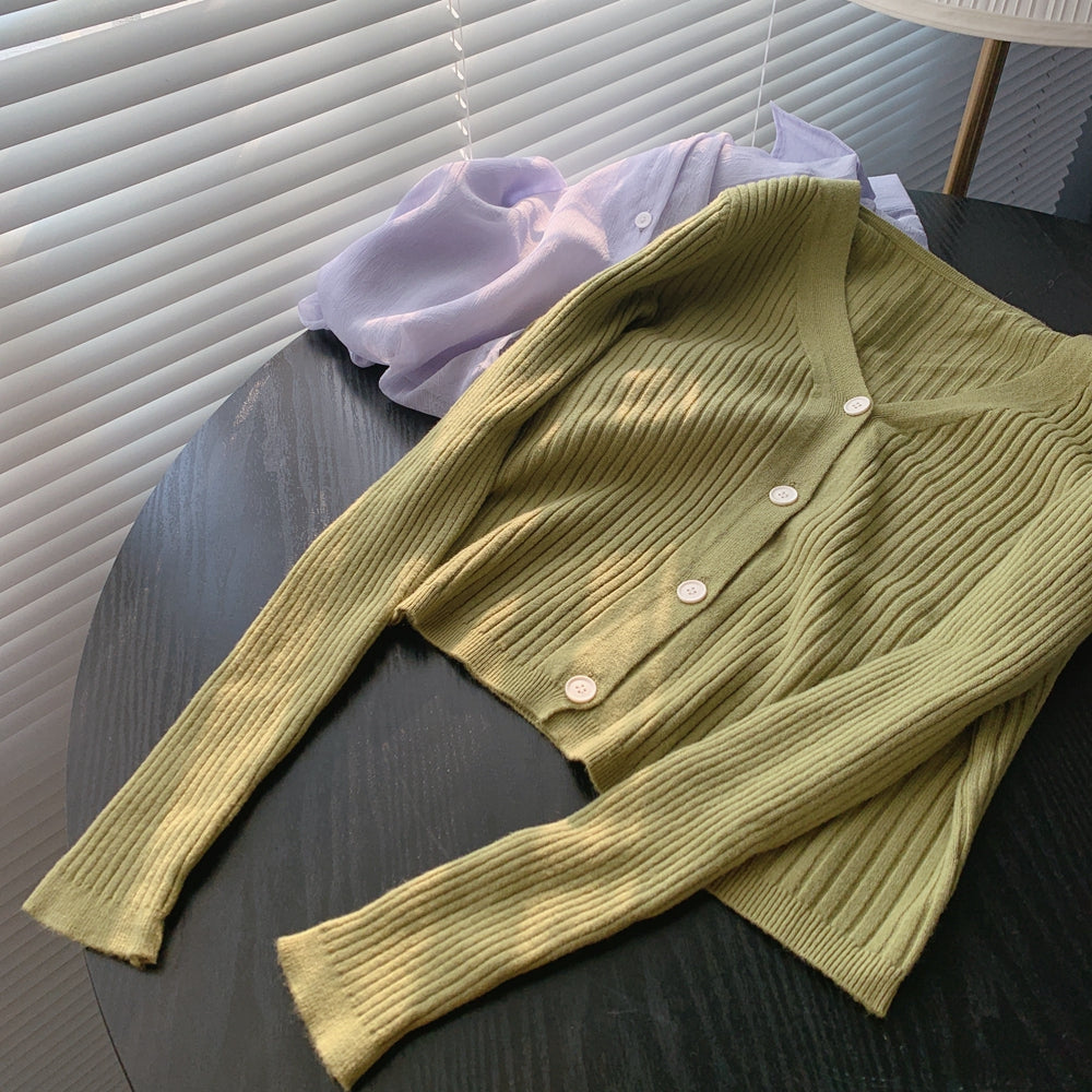 Knit Cardigan with Buttons and Long Sleeves in 12 Colors S-L