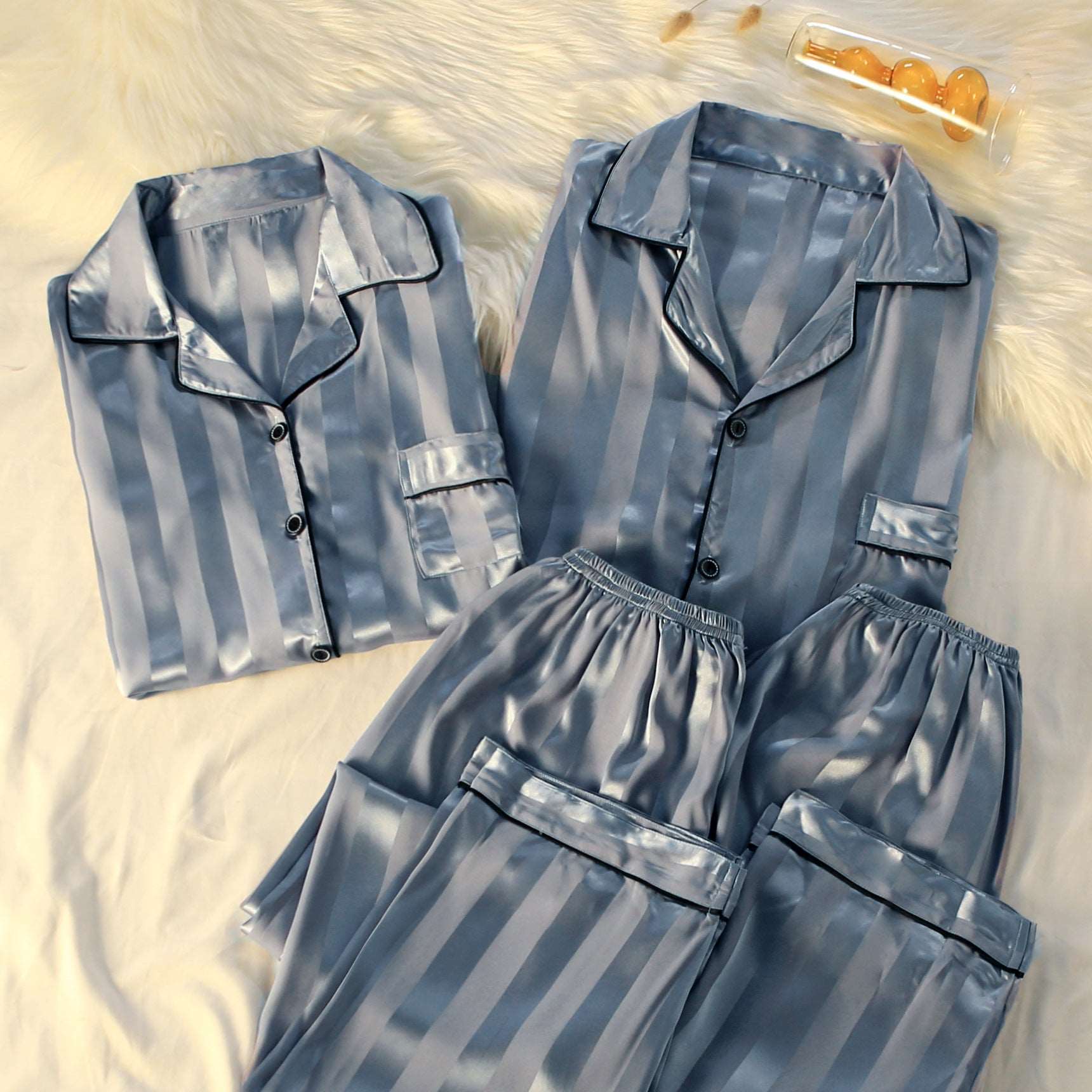 Men's and Striped Long Sleeve Silk Pajamas