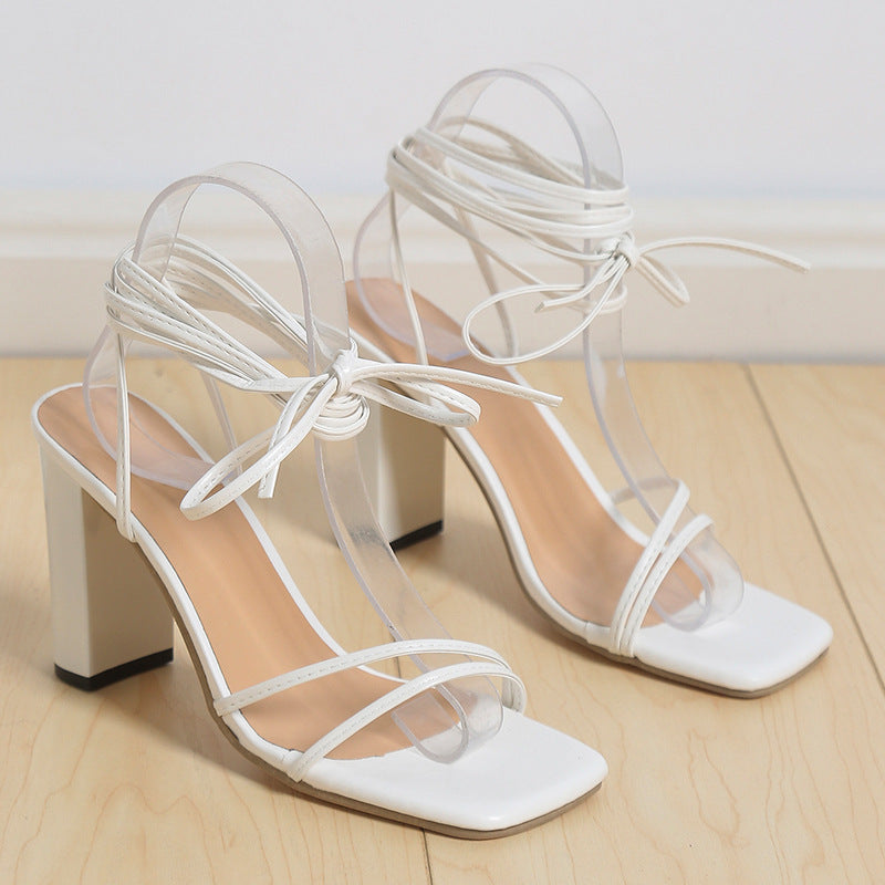Lace Up Strappy Sandals with Chunky High Heel and Square Toe in 3 Colors