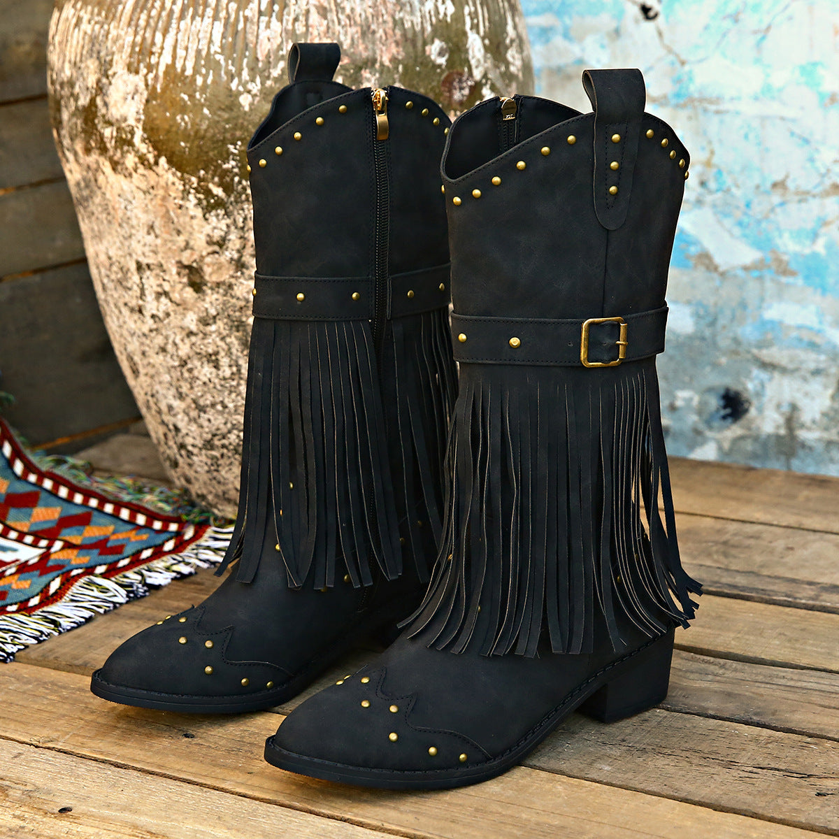 Mid-Calf Cowboy Boots with Tassels in 2 Colors