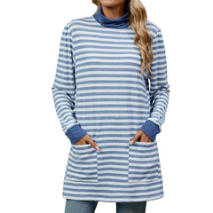Turtleneck Striped Long Sleeve Shirt with Pockets