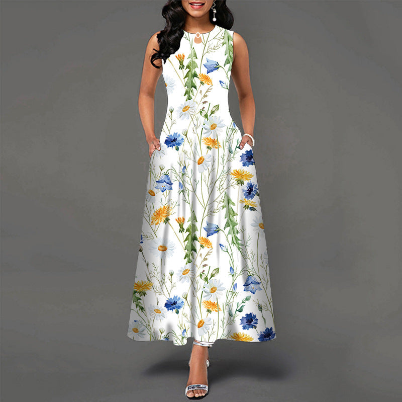 Robe longue sans manches à col rond et poches, 6 motifs disponibles, tailles S à 5XL