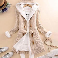 Plush Hooded Knit Cardigan Coat with Buttons and Pockets in 6 Colors S-5XL